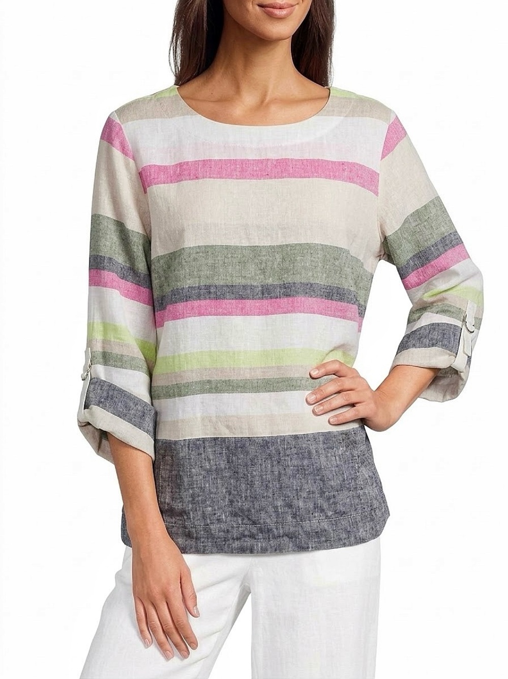 CHARTER CLUB Luxury 100% Linen Multi Color Striped 3/4 Sleeve Top - Petite Large